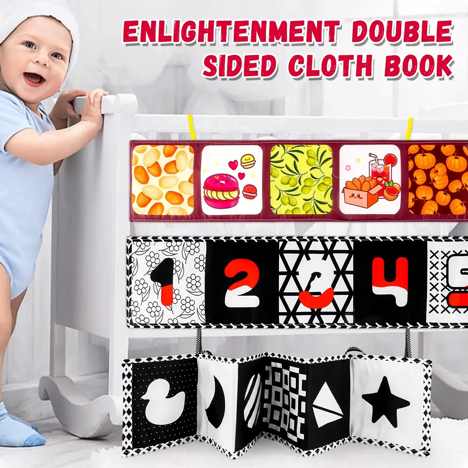 (1 Piece) Soft Cloth Baby Book Crunching, Washable, Chewable, Non-Toxic, Black and White Cognitive Cards Early Learning Toys