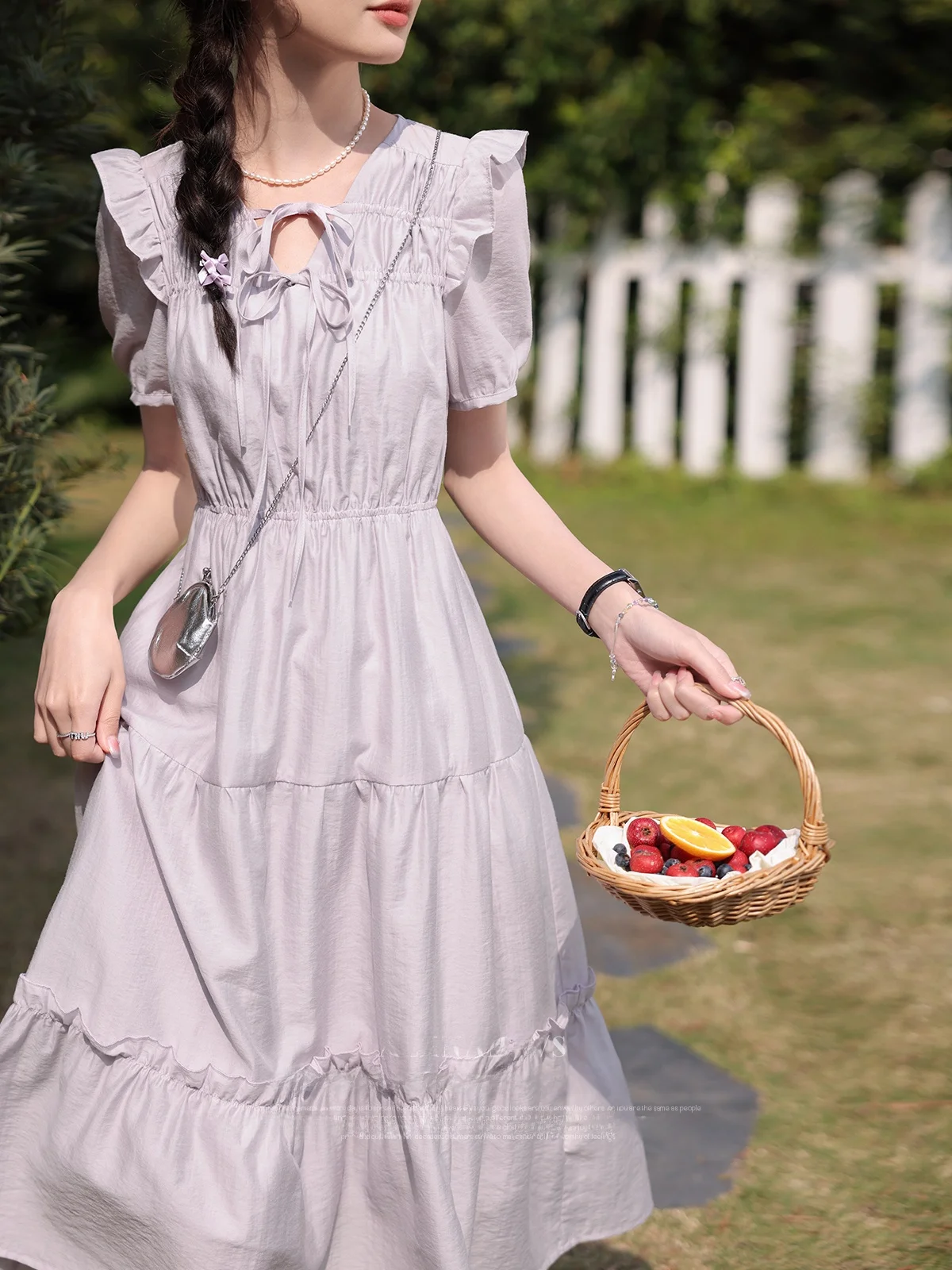 

Elegant High Waist Short Sleeve Summer Dress Ladies Casual Polyester Fiber Gored Skirt V Neck Zipper Cake Style Dress
