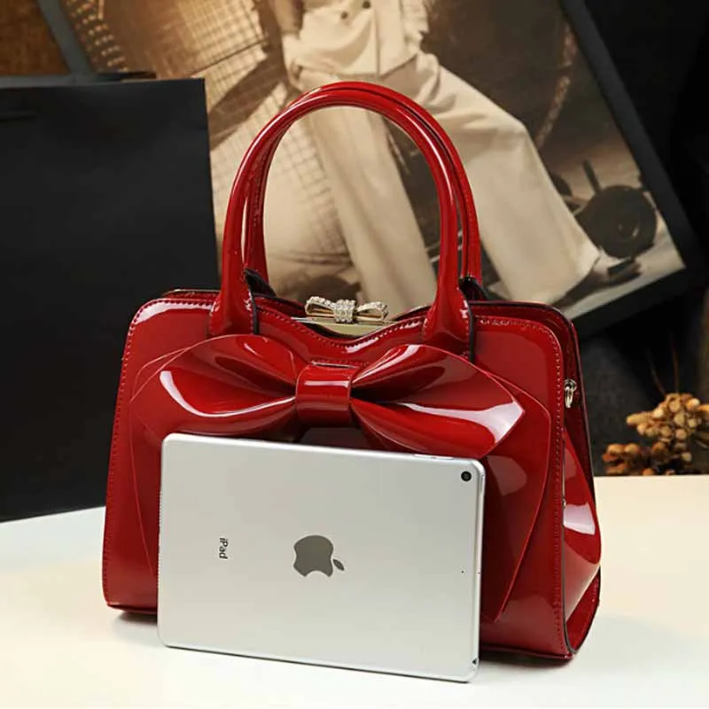 Patent Leather Handbags For Women Purse With Bow Satchel Top-Handbags Crossbody Bag Portable Shoulder Luxury