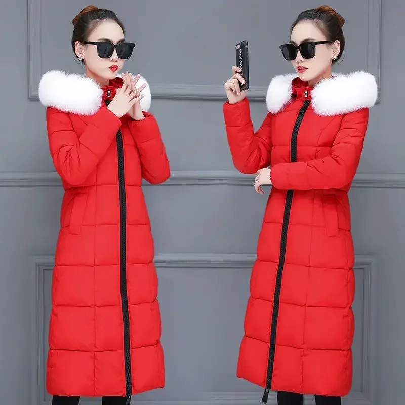 Fashion Winter Womens Cold Coat Long Fur Collar Hooded Padded Jacket Super Hot Snow Outercoat Slim Fit Keep Warm Cheap Wholesale