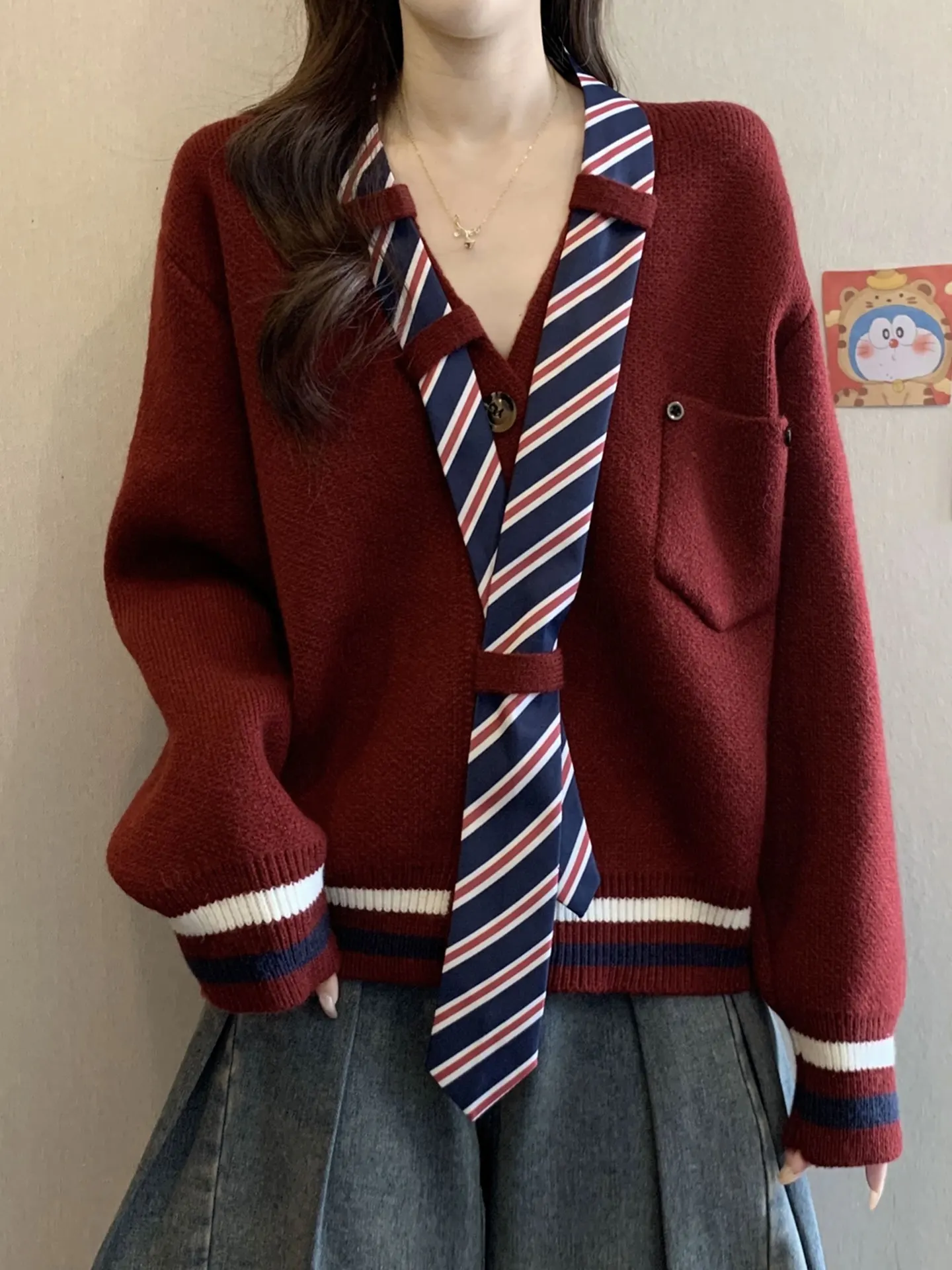 

Casual Sle Long Sve Knitted Sweater Women's Tie Stripe Design Ele Agel Top for Autumn Winter plus Size Faion