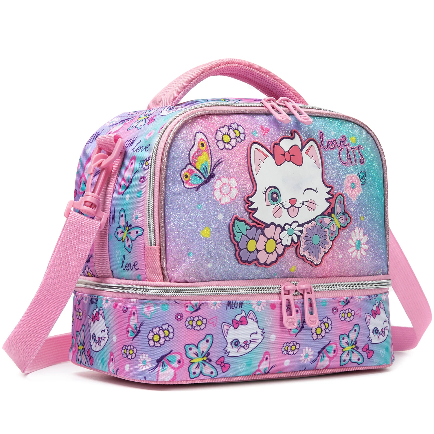 Cute Cat Print Glitter Double Layer Lunch Bag for Kids Girls with Shoulder Strap, Insulated Lunch Tote for School Picnic Travel view 3
