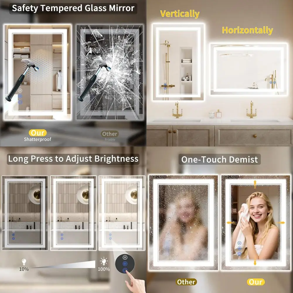 

Косметическое зеркало со светодиодной подсветкой, 26x38, противотуманное, с подсветкой и передней подсветкой, регулируемая яркость, 3 варианта цвета, закаленное стекло