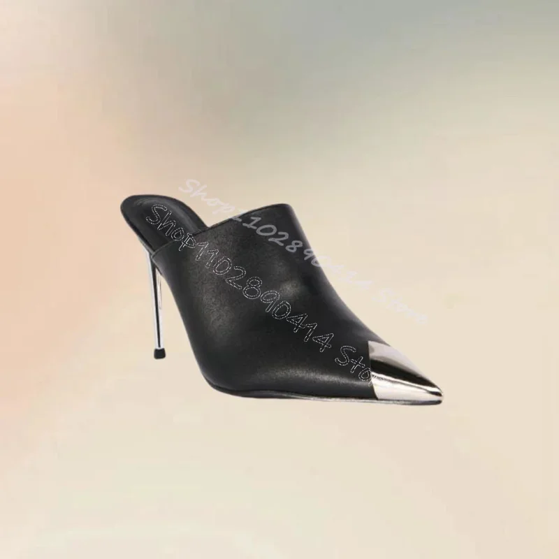 

Black Matte Leather Metal Heel Pointed Toe Slippers Slip On Women Shoes Thin High Heels Fashion Party 2024 Zapatos Para Mujere