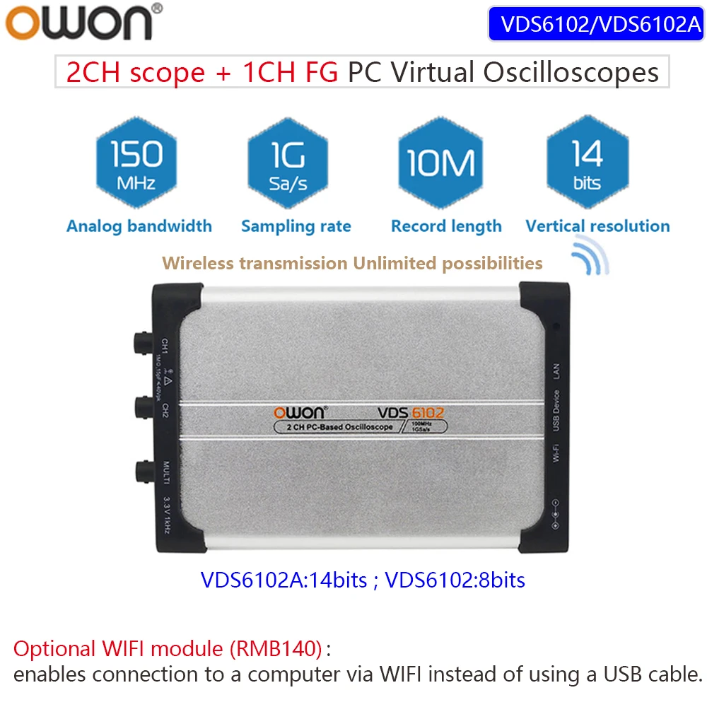 Owon VDS6102A 14bits ADC PC Virtual Oscilloscopes 2CH 100MHz Scope + 1CH 5MHz Function Signal Generator Supported SCPI/ LabVIEW