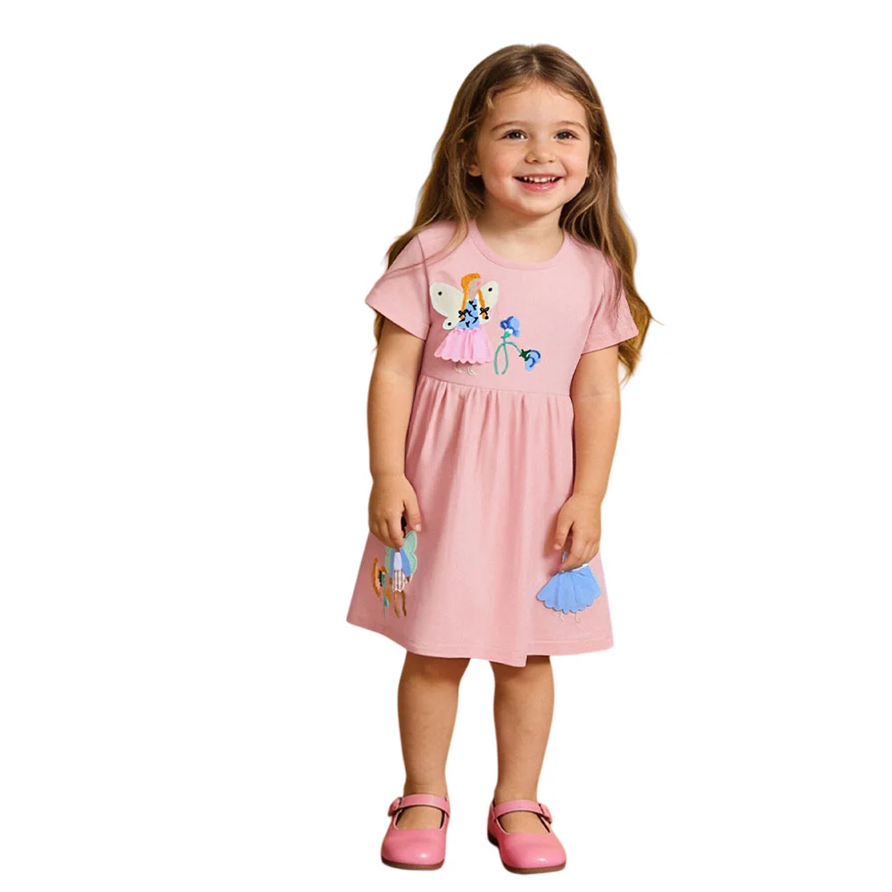 

2-7T Summer Girls Dresses Short Sleeve Kids Wear Fairy Tale Applique Embroidery Party Flowers Clothes Toddler Frocks Costume
