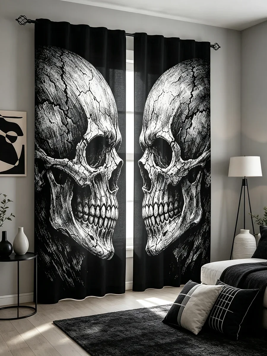 Gothic Skeleton Pair Curtains Dark Moody Aesthetic Home Decor Theater Backdrop Curtain Panels