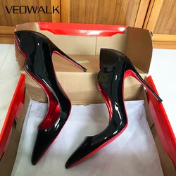 Veowalk Wave Cut Women Pointed Toe Stiletto Pumps Fashion Design Red Inside Slip On 12cm High Heel Shoes Glossy Nude Black White