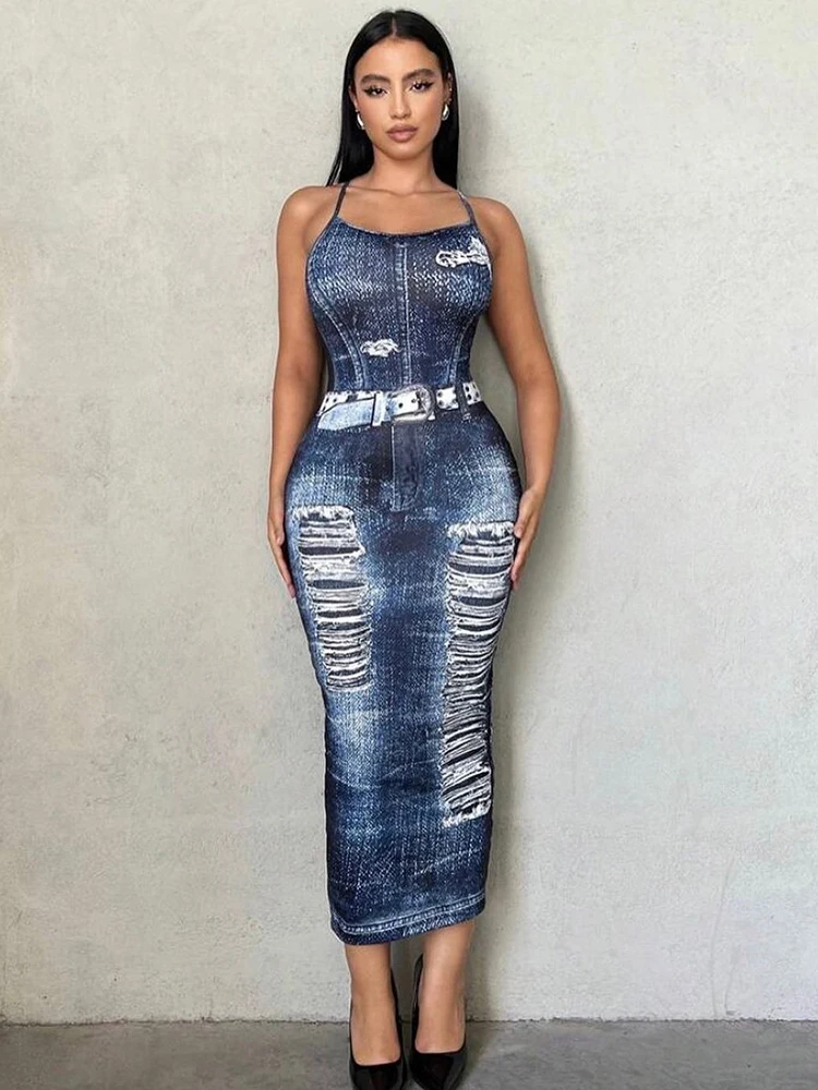 

Bolopi Denim Pattern Print Sleeveless Long Dress 2023 Slim Bodycon Sexy Y2K Outfits Prom Formal Occasion Streetwear