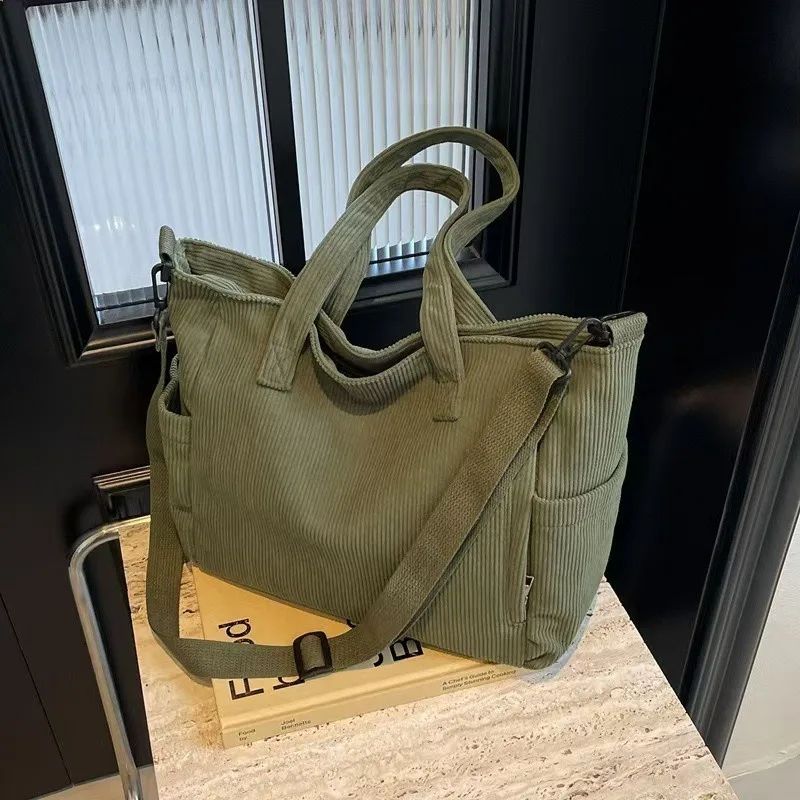 

Fashionable Striped Velvet Handbag Simple Style Corduroy Shoulder Bag Solid Color Large Capacity Commuting Women's Tote Bag