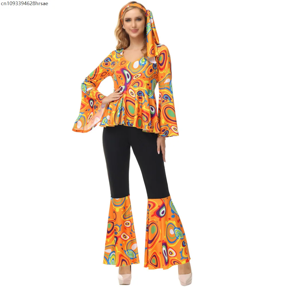 Damski strój disco hippie lata 70. kostium retro błyszcząca suknia balowa dzwony fantazyjny strój kostiumy na Halloween cosplay