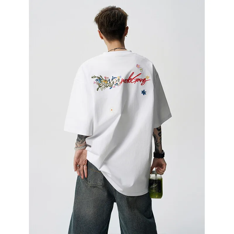 Back Floral Embroidery T-shirt Men's Summer Short-sleeved T-Shirt Retro Street Shooting Couple