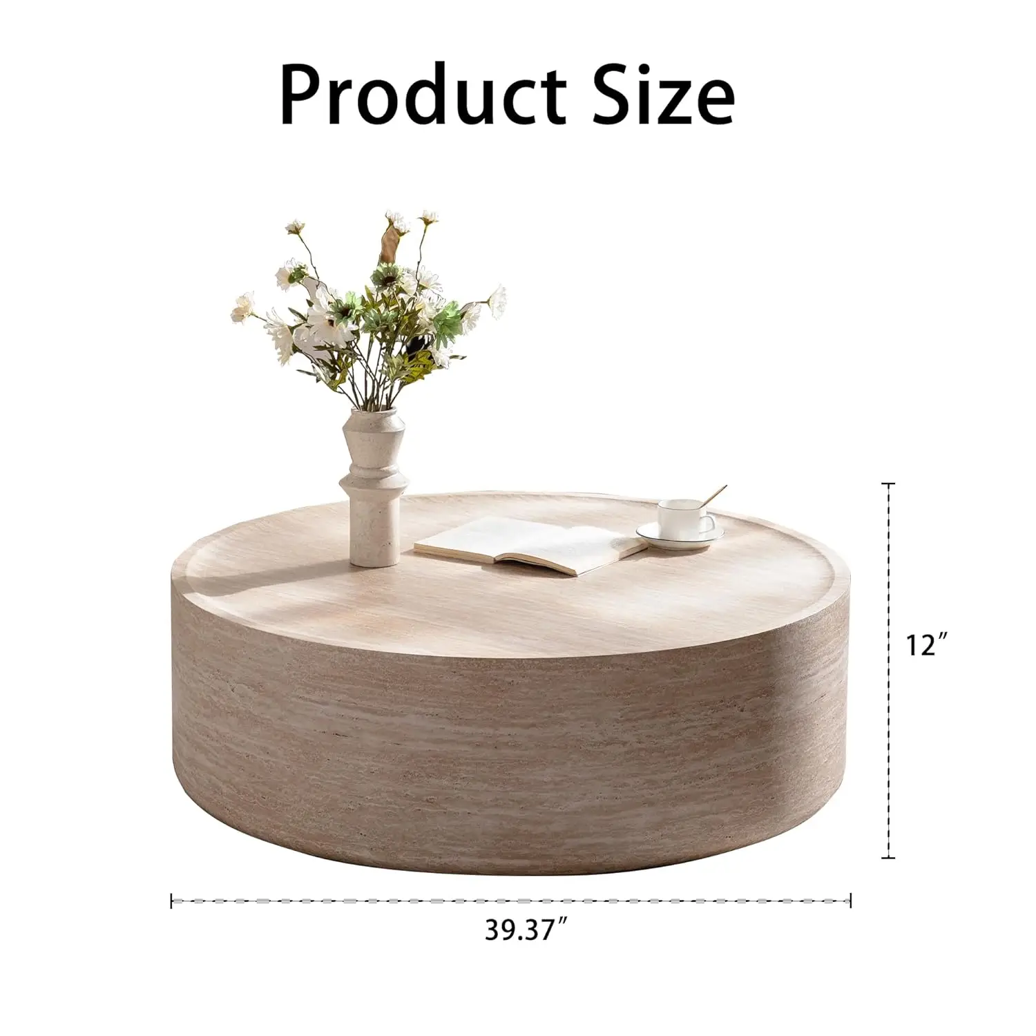 طاولة القهوة الحديثة ذات الطبل الصناعي من الترافرتين طاولات القهوة الخشبية طاولة مركزية مستديرة لغرفة المعيشة والمكتب المنزلي، 39.3 بوصة - أ بالكامل #2
