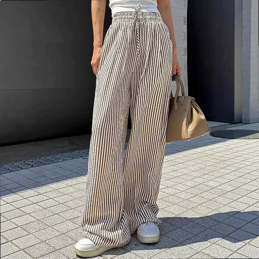 Striped Pants Women Casual Loose Pant High Waist Straight Trousers Spring Summer