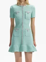 Women Green Sequin Dress Rhinestone Buttons Short Sleeve O-Neck Ruffles Spliced Sweet Summer 2024 Mini Robe