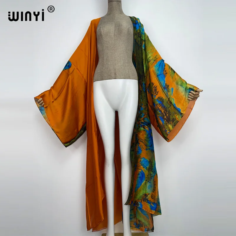 AFRICA WINYI Summer Beach Wear Cover Up Lady Boho Cardigan White printing elegant Silky and skin-friendly sexy Holiday Kimono