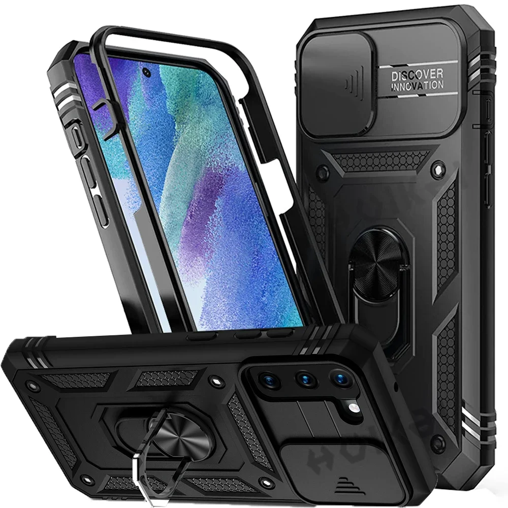 Kickstand Camera Slide Lens Capa Protetora Robusta, Capa para Samsung S23, S22, S21, FE, Nota 20 Ultra, A52, A32, A12, A32, 5G