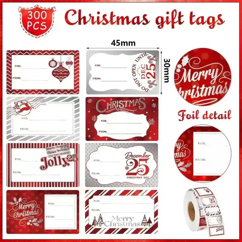 300Pcs Christmas Gift Name Tag Stickers Self Adhesive Writeable To From Xmas Present Labels Holiday Gift Wrapping Decor