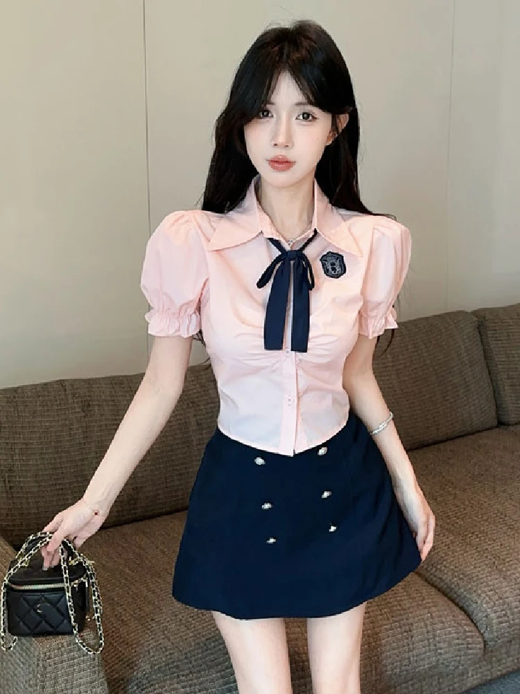 

Pure Desire JK orm Sweet Bubble Sve Collared Slim Fit ort irt Top High Waist Slimming ort Skirt Set for Women