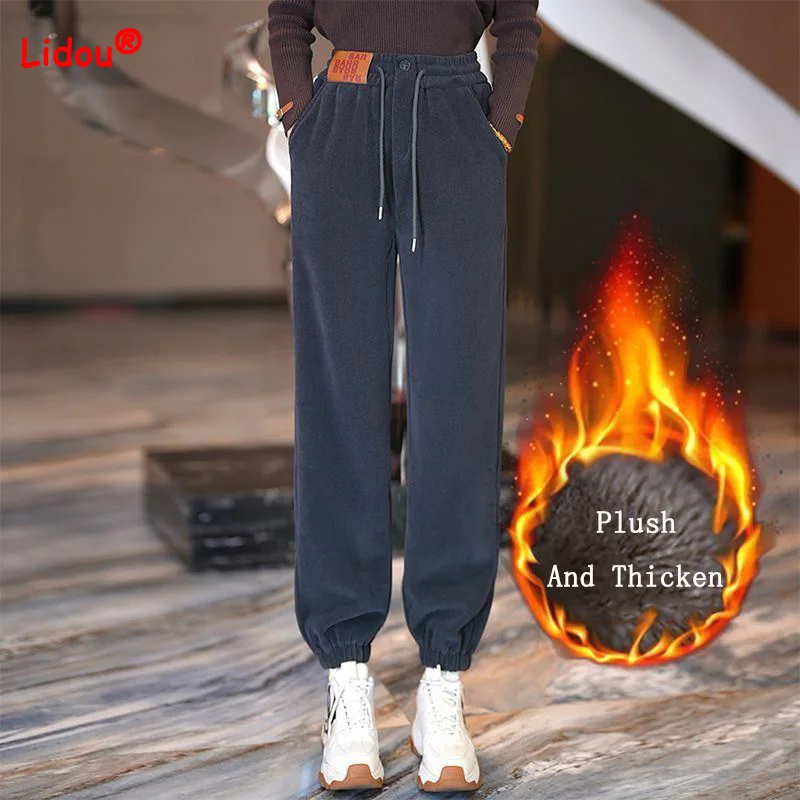 

Chenille Plush and Thicken Double Pockets Corset Trousers Autumn Winter All-match Solid Color Drawstring Higt Waist Harem Pants