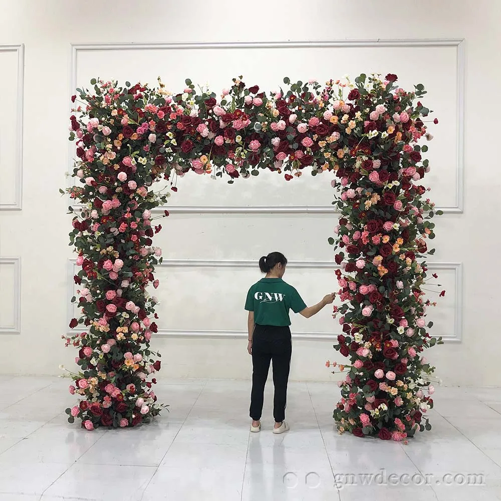 Wedding Square Arch Burgundy Floral Arrangement Supplies Artificial Rose Arch Flower Stage Events Arch Wedding Background