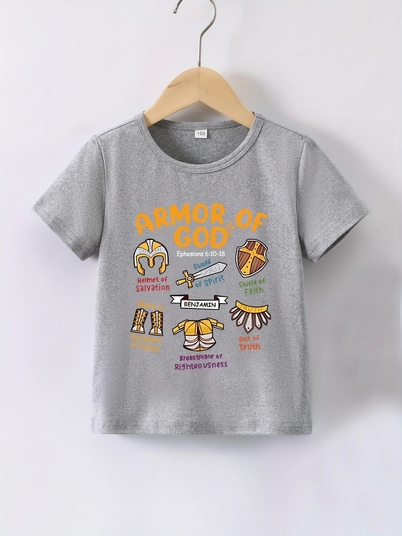 Boys Letter‑Armor‑God‑Themed Print T‑Shirt Casual Comfort Crew‑Neck Short‑Sleeve Summer Kids Top