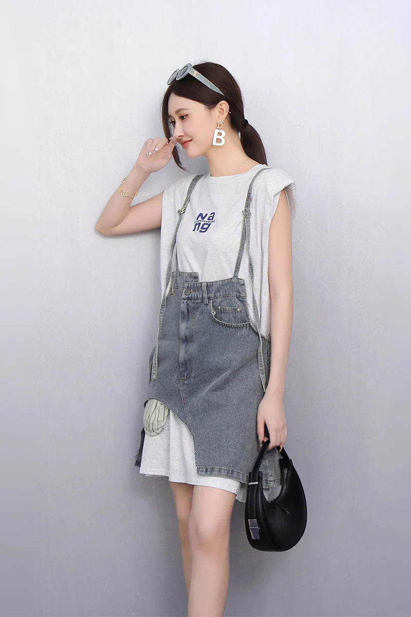 2025 봄 여름 우아한 루즈핏 티셔츠 스트랩 카우보이 롱 드레스 여성 반팔 드레스 여성 도매 J1159