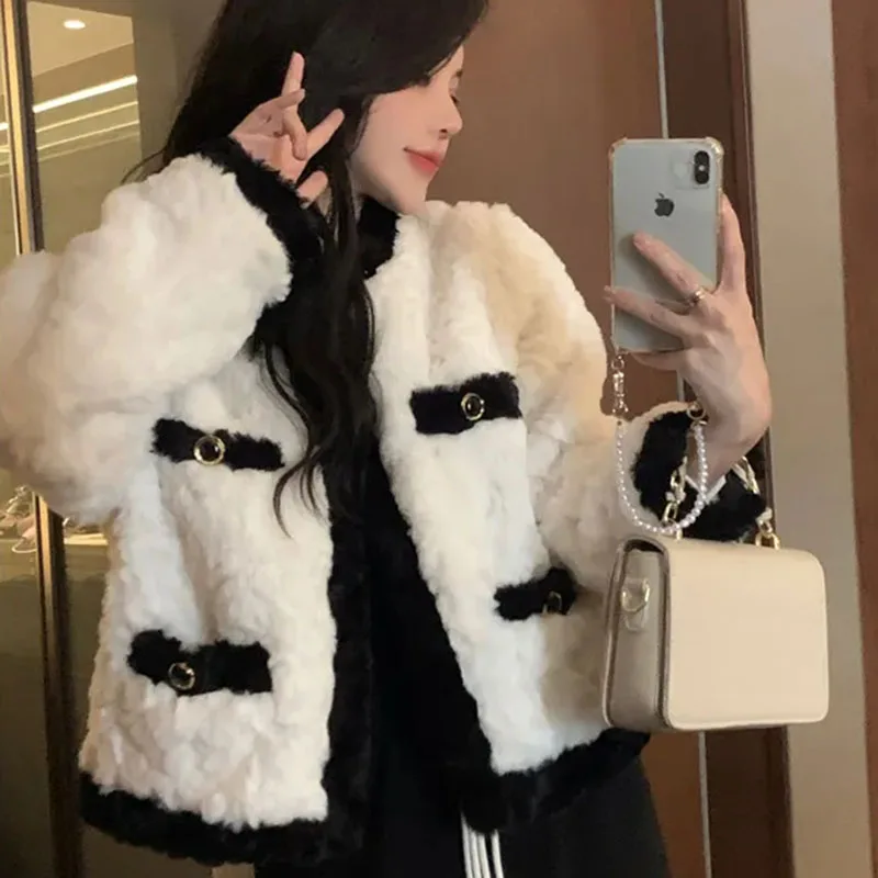 Lamb Fur Black Coat Women Elegant Long Sleeve Fashion Padded Thickened Warm Jacket Chic Office Lady Furry White Female Outwear