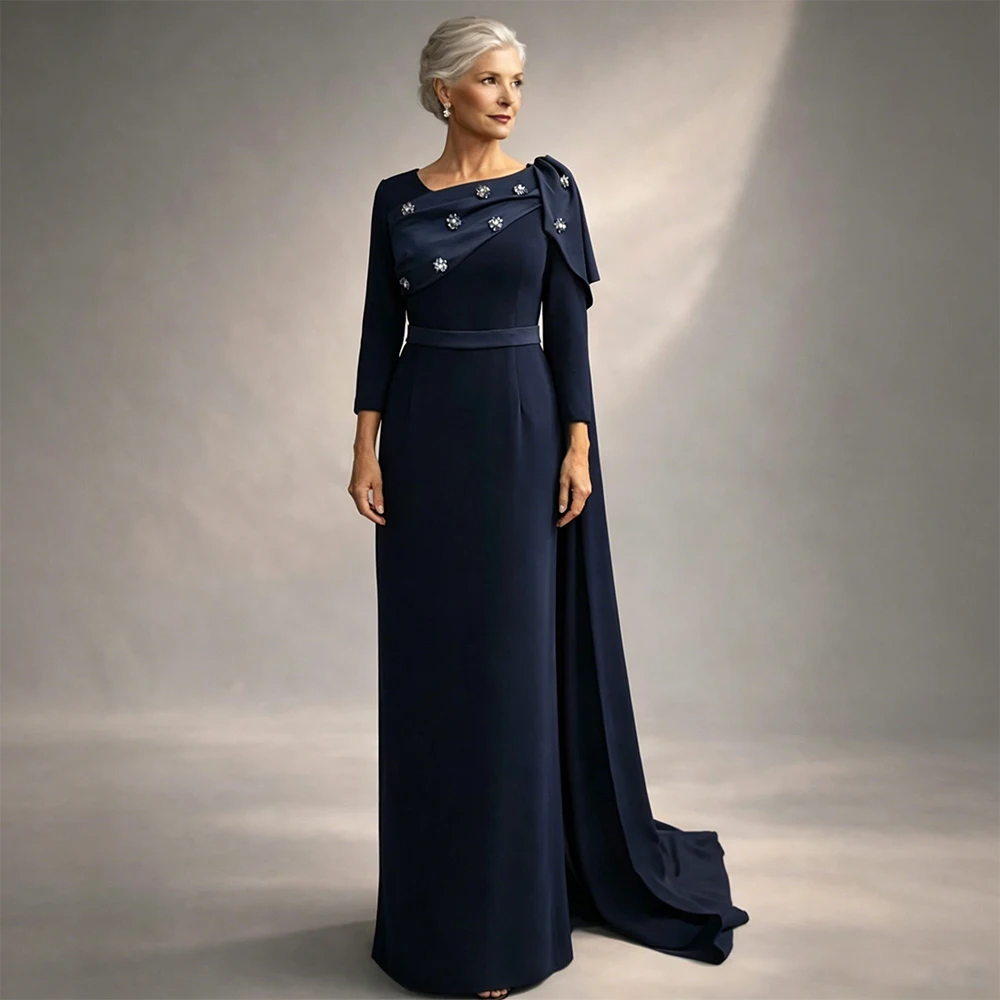 Customized Elegant Mother of the Bride Dress Column 3/4 Sleeves Modern Wedding Guest Gowns Navy Blue Scoop Crystal Formal Dress