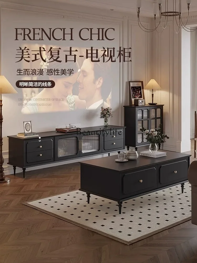 LS 42TV خزانة غرفة المعيشة الحديثة الرجعية الأسود الأمريكية الخشب الصلب خزانة التلفزيون من الأرض إلى السقف