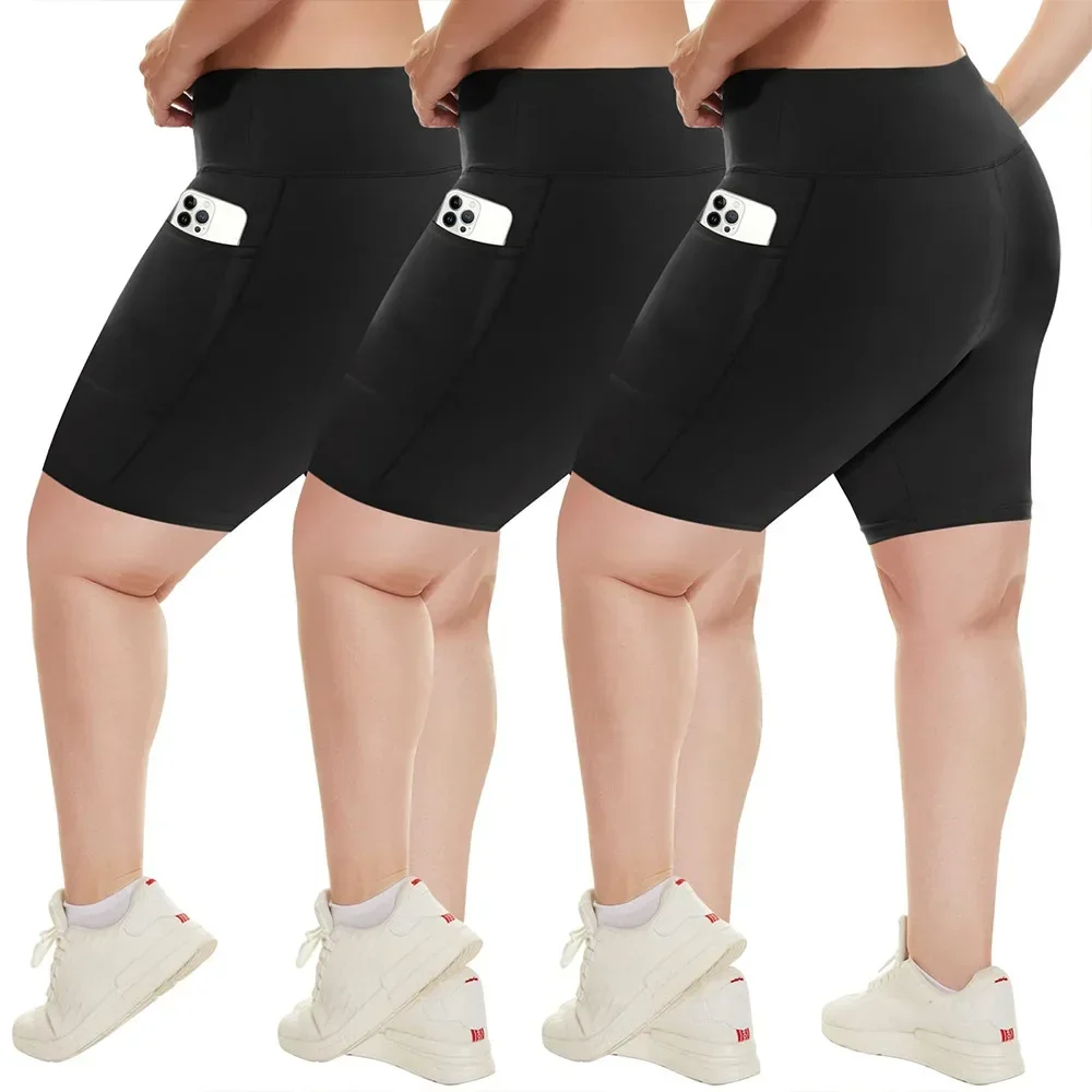 Plus Size Black Shorts for Women, Stylish and Stretchy Yoga Pants Mid Leggings, Perfect for Outdoor Activities and Fitness