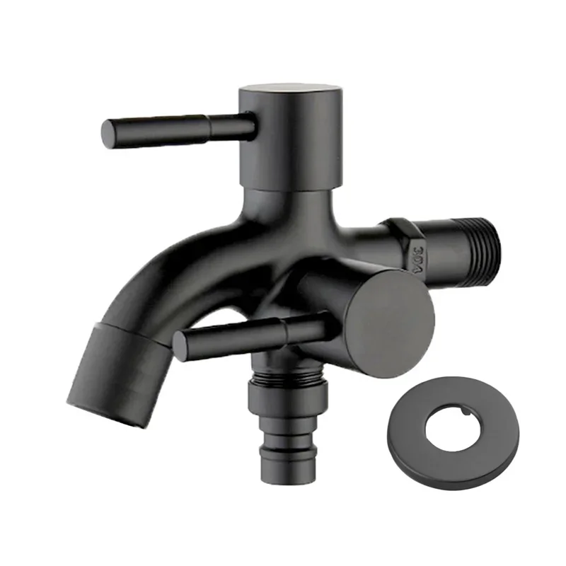 Schwarzer Bibcock doppelt mit Waschmaschinen-Wasserhahn, Edelstahl 304, Wand, Badezimmer, Ecke, Garten, Außenbereich, Wasserhahn, Mopp, Balkon, G1/2'