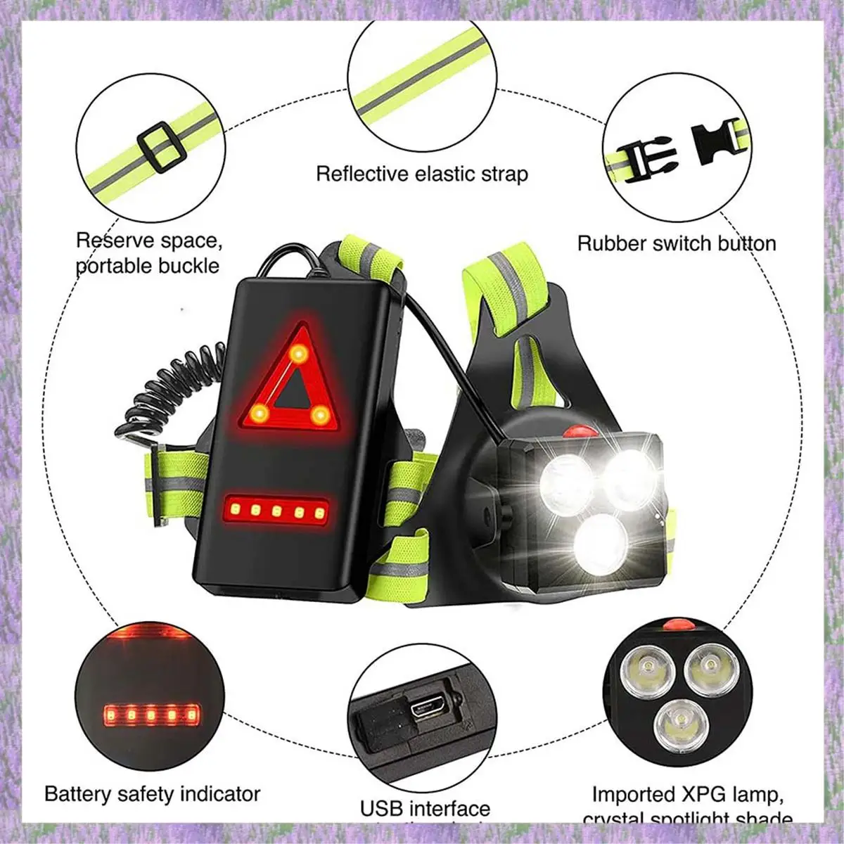 A63K-ไฟวิ่งกลางคืนสําหรับนักวิ่ง โคมไฟหน้าอก LED พร้อมเกียร์เสื้อกั๊กสะท้อนแสง และไฟชาร์จแบตเตอรี่แบบชาร์จไฟได้