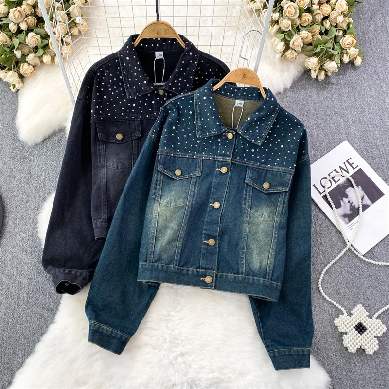 Jaket Denim pendek wanita longgar Korea jaket Jeans wanita lengan panjang kasual Lapel berlian biru hitam jaket Denim pendek musim semi musim gugur wanita