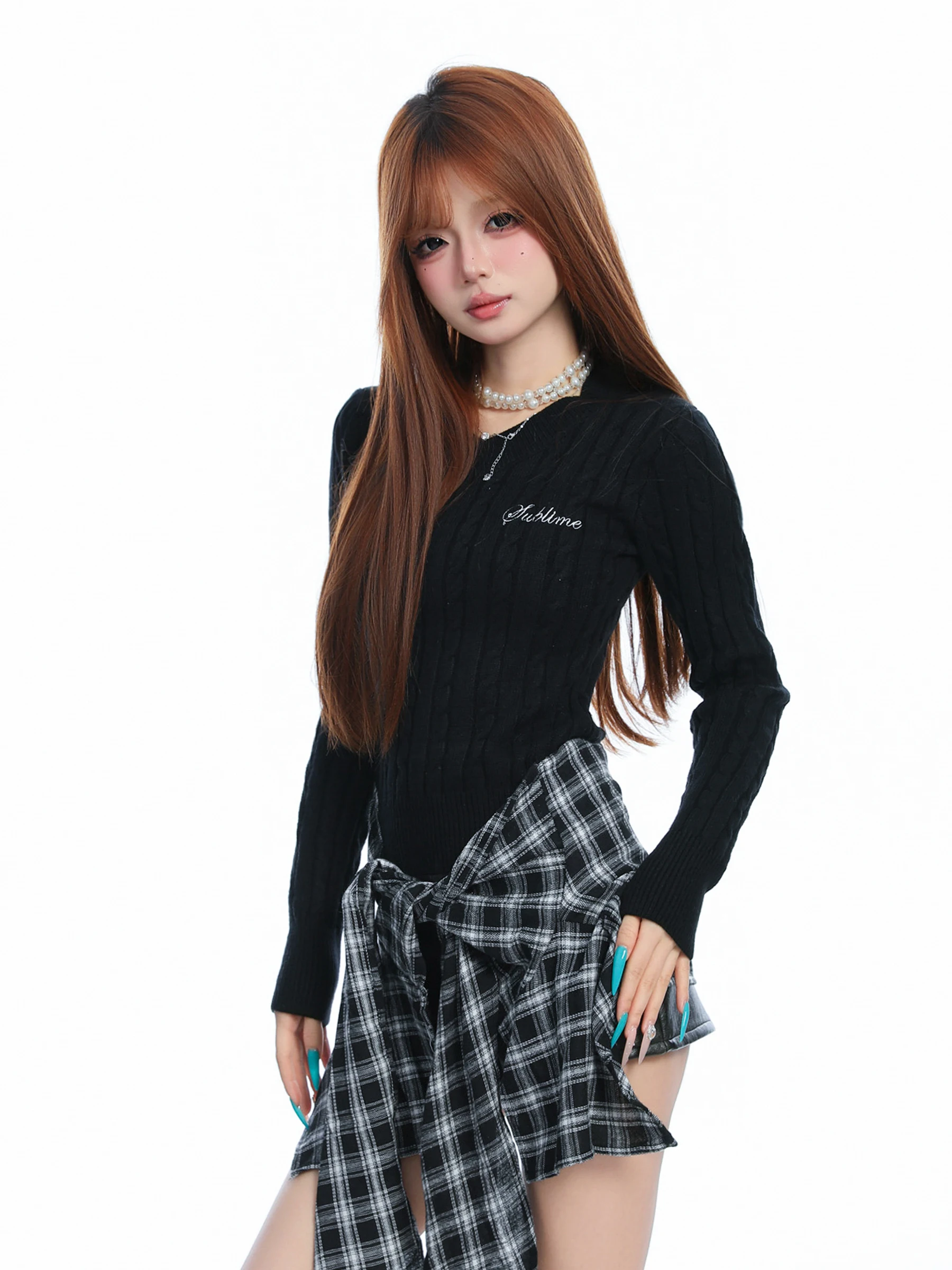 

Женский вязаный свитер Basterds в американском ретро-стиле с клетчатыми вставками, осенне-зимний, приталенный, с узором косы, повседневный, короткий рукав