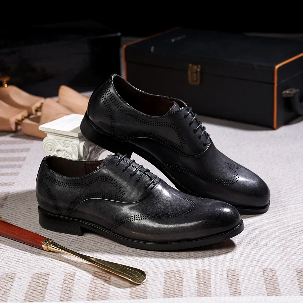 Men\'s Classic Style Genuine Leather Wingtip Oxfords Lace-Up Dress Shoes for Business Office Wedding Party Formal Footwear