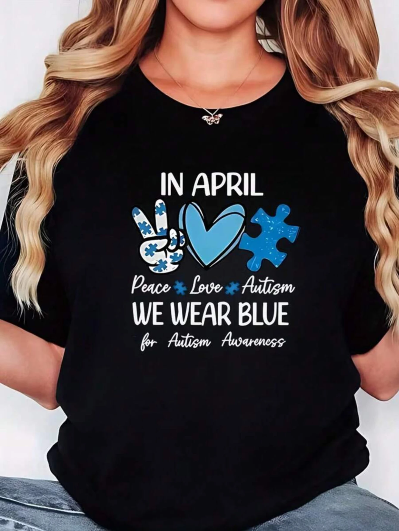 

April Blue Puzzle Unveiled! Plus-size Women's T-shirt, Sweet and Cool, Sexy and Slimming Style