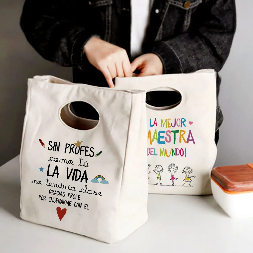 Borse termiche per gelato con stampa spagnola Borsa per il pranzo Borsa termica portatile in tela isolata Borsa termica per alimenti scolastici