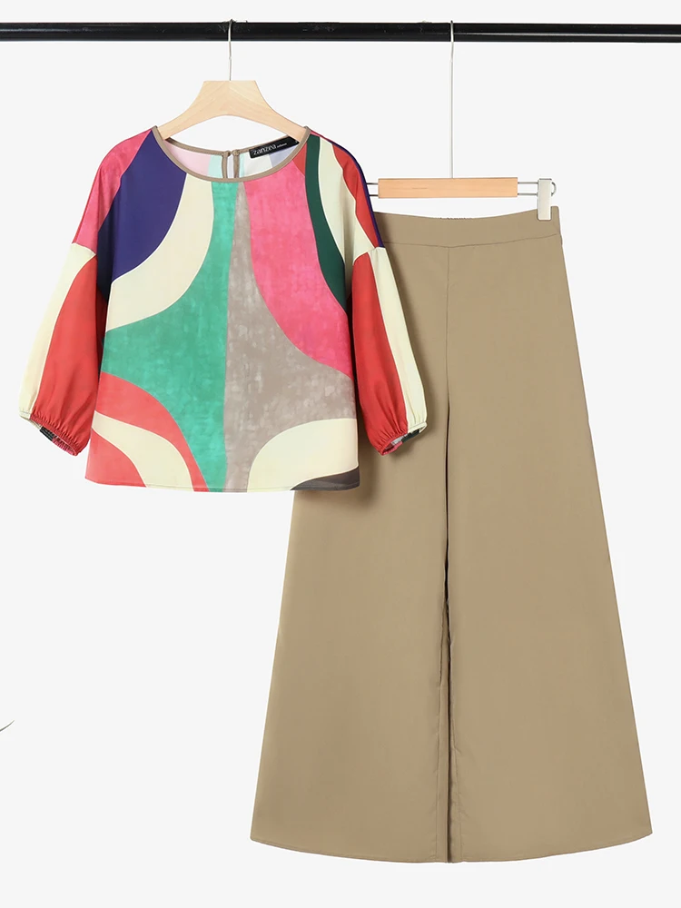 

ZANZEA Summer Wide Leg Pant Sets 2pcs Outfits Women Casual 3/4 Sleeve Blouse Trousers Suit Fashion Printed Matching Set Oversize