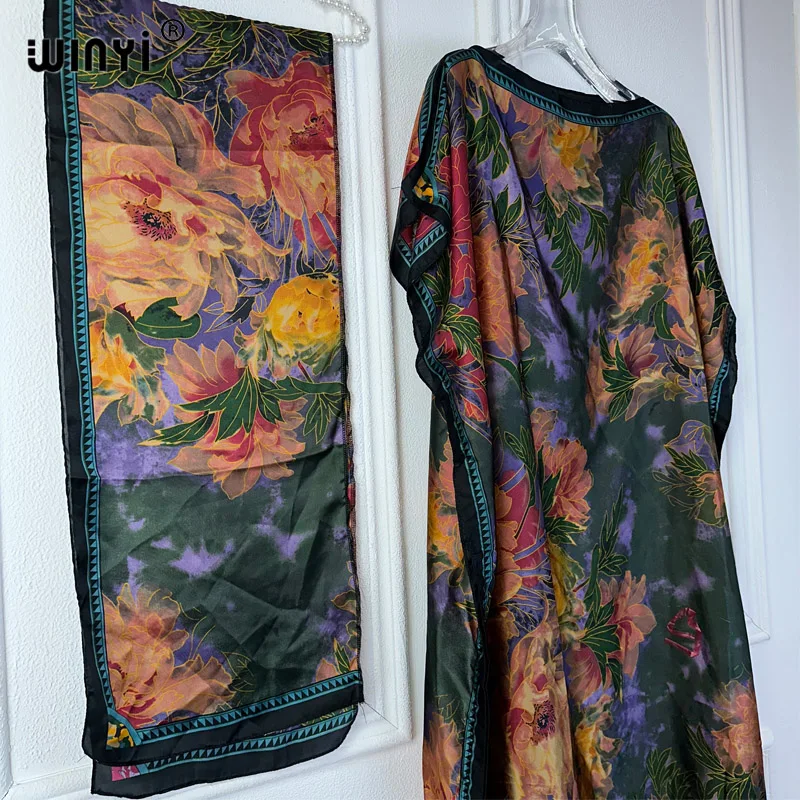 WINYI 2024 New African Women Dashiki boho print muslim woman dubai Free Size Design With Scarf Maxi Loose African Elegant Dress