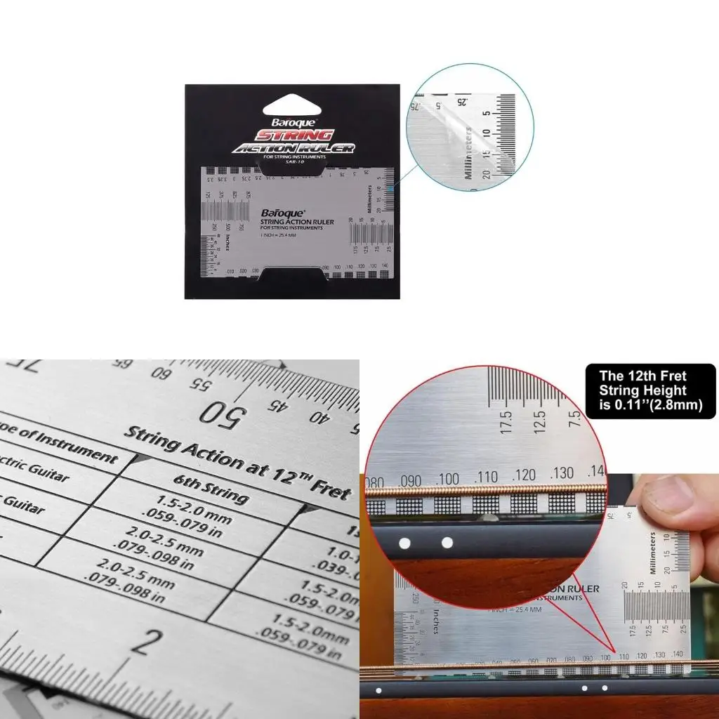 Q39E Stainless Steel String Action Ruler Gauge for Guitar, Ukulele, Bass, Banjos