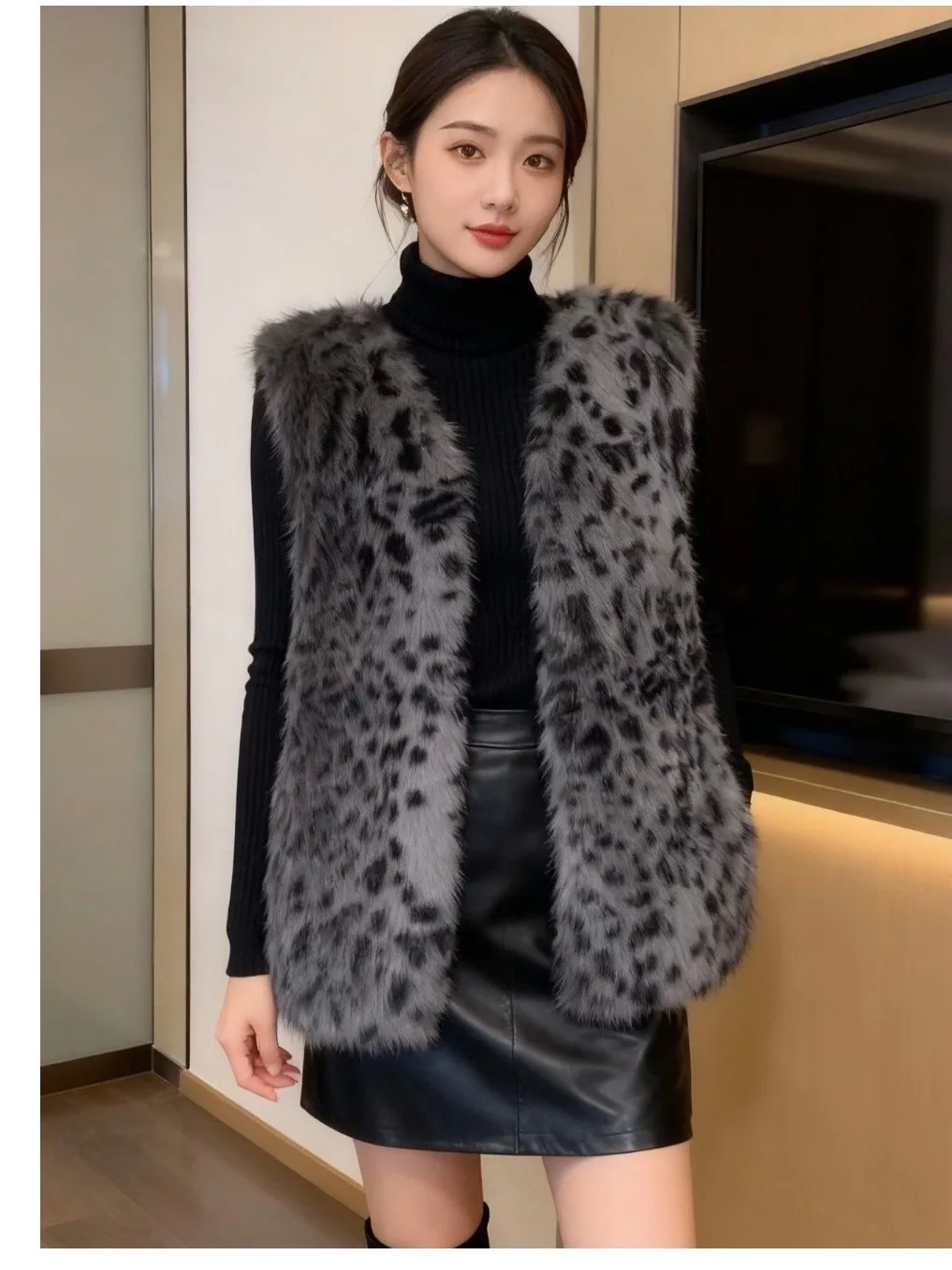 Faionable Winter High-End Leopardenmuster Pelzweste Oberbekleidung Damen Jaet Oberbekleidung Elite Sense Svel Top irt