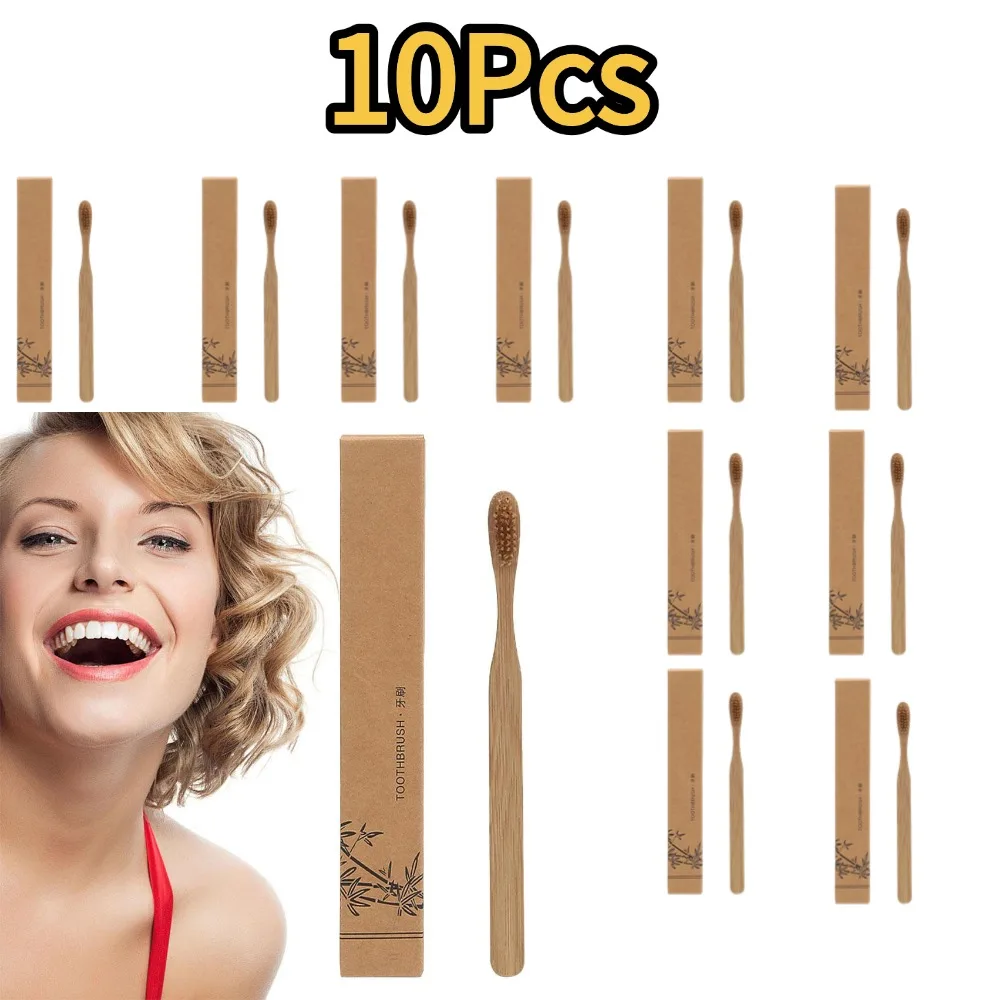 

10 шт., зубная щетка с бамбуковой ручкой, уголь, экологически чистая, мягкая деревянная одноразовая зубная щетка, портативные дорожные щетки для чистки полости рта