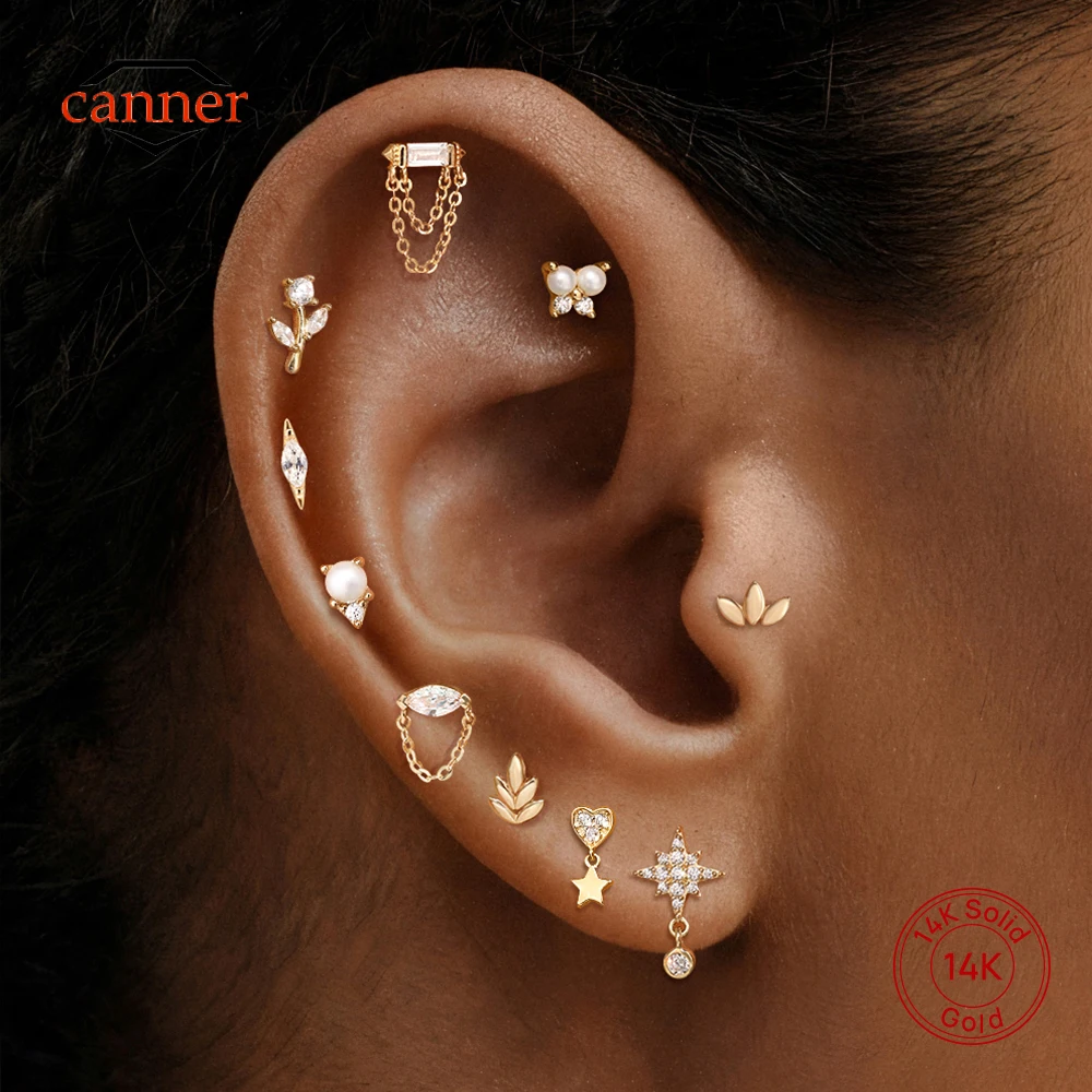 

CANNER 1PC 14K Real Gold Classic Geometric CZ Flat Head Piercing Earrings For Women Ins DIY Eight-Pointed Earrings Party Gift