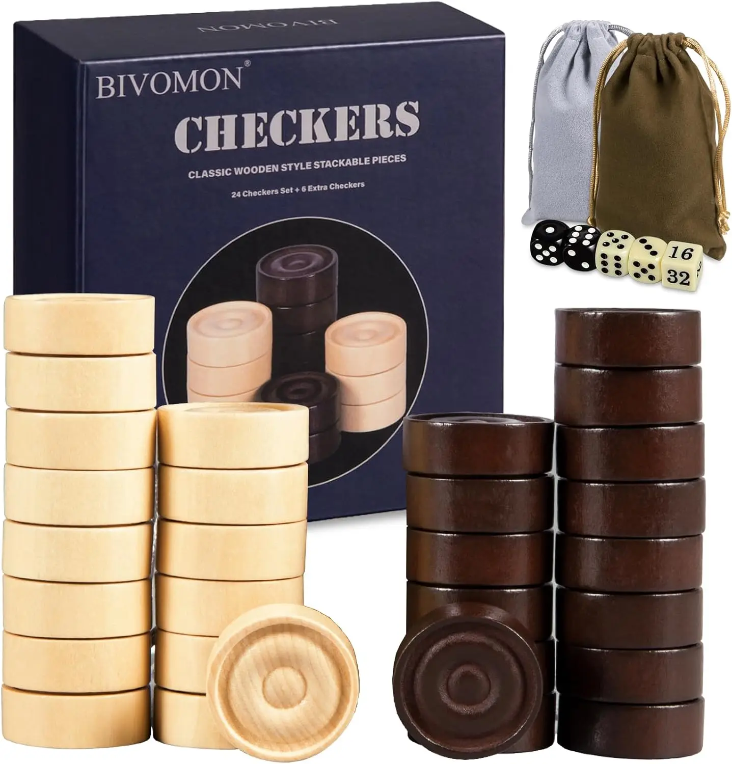 

Classic Wooden Checkers Set with 30 Pieces, 5 Dice, 2 Storage Bags, Brown & Wood, 1.2' W x 0.4' H