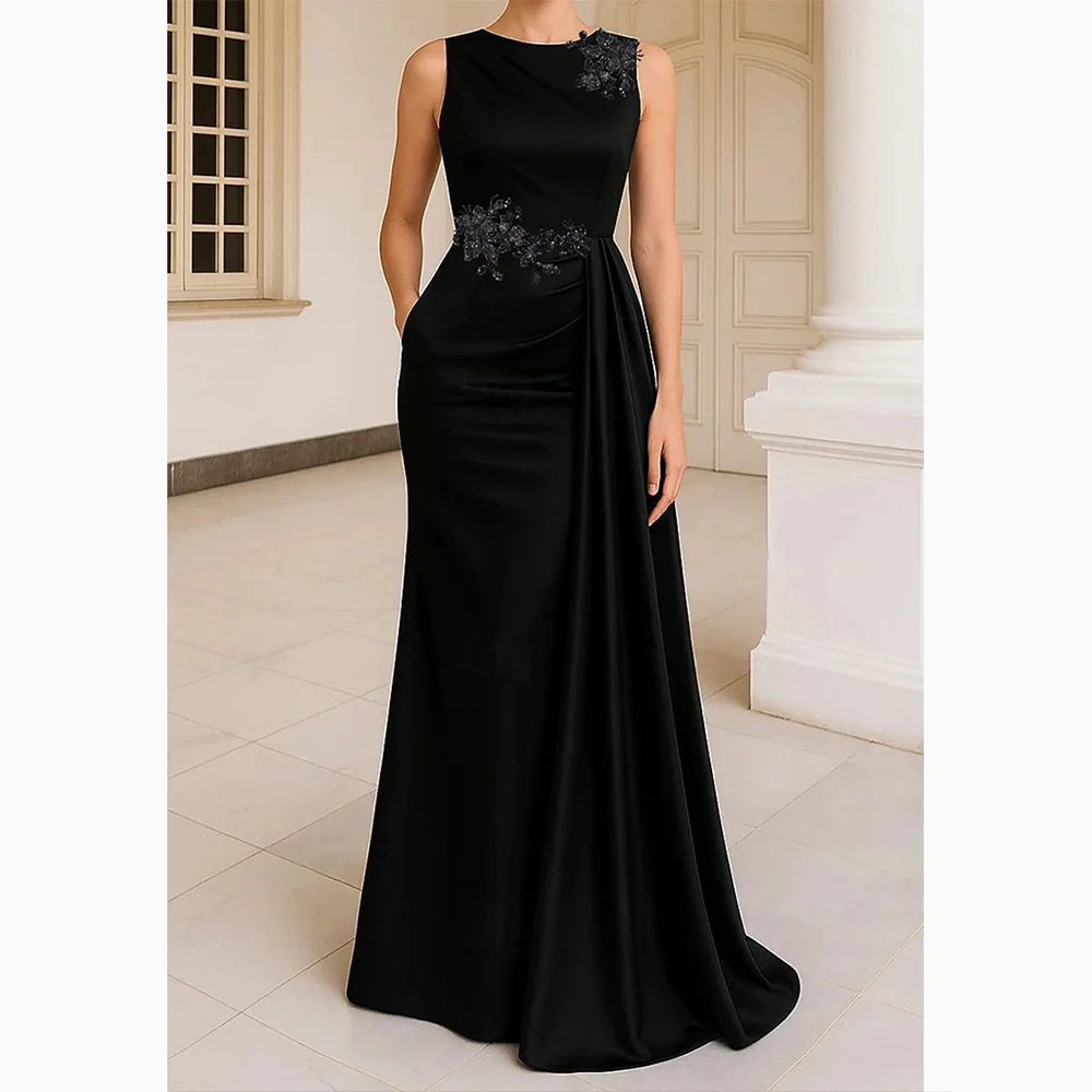 

Роскошное черное платье для выпускного вечера с кристаллами и аппликацией, прямое вечернее платье без рукавов с круглым вырезом, элегантное вечернее платье длиной до пола, по индивидуальному заказу