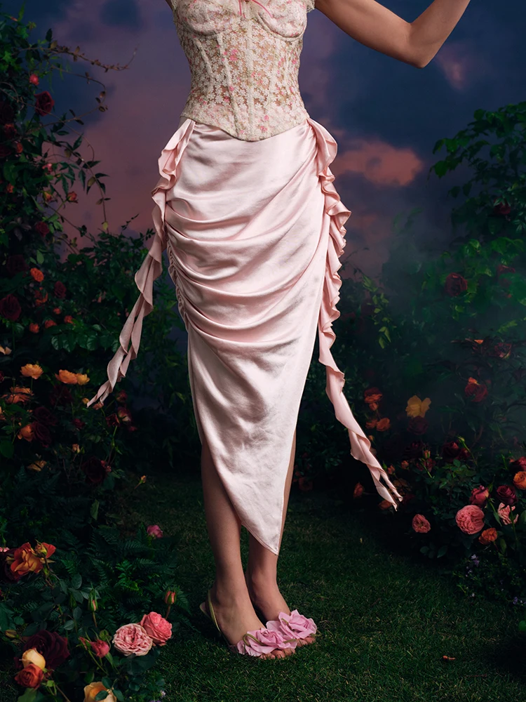 LaceMade Orginal Design Fairytale Heavy Florals Embroidery Lace Fishbone Tube Top and Pink Mermaid Lace Midi Skirt 2pcs Set view 4