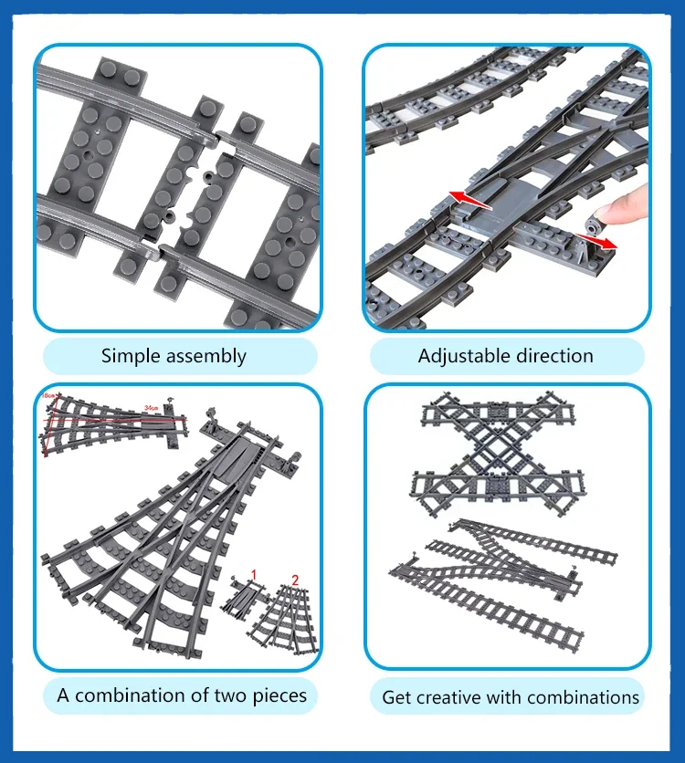 Stadt Zug Gleise DIY MOC Set Gerade Gebogene Flexible Schienen Schalter Gabel Bausteine Kreative Spielzeug für Kinder Modell Montage – Detail 4