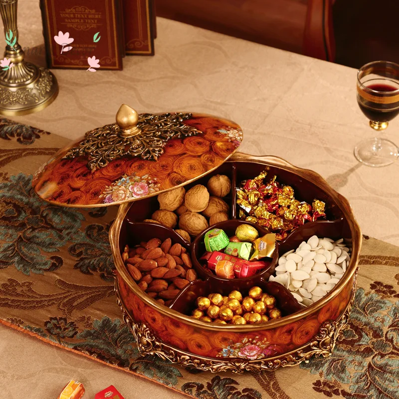 Decorative fruit plate light luxury living room coffee table candy dried fruit storage box grid with lid