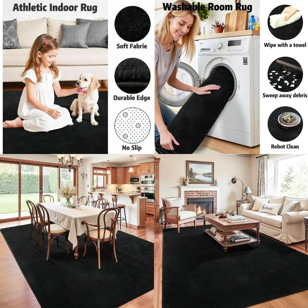 

Минималистичный моющийся ковер 5x7 для гостиных, спален и детских комнат – с эффектом памяти, с коротким ворсом, черный